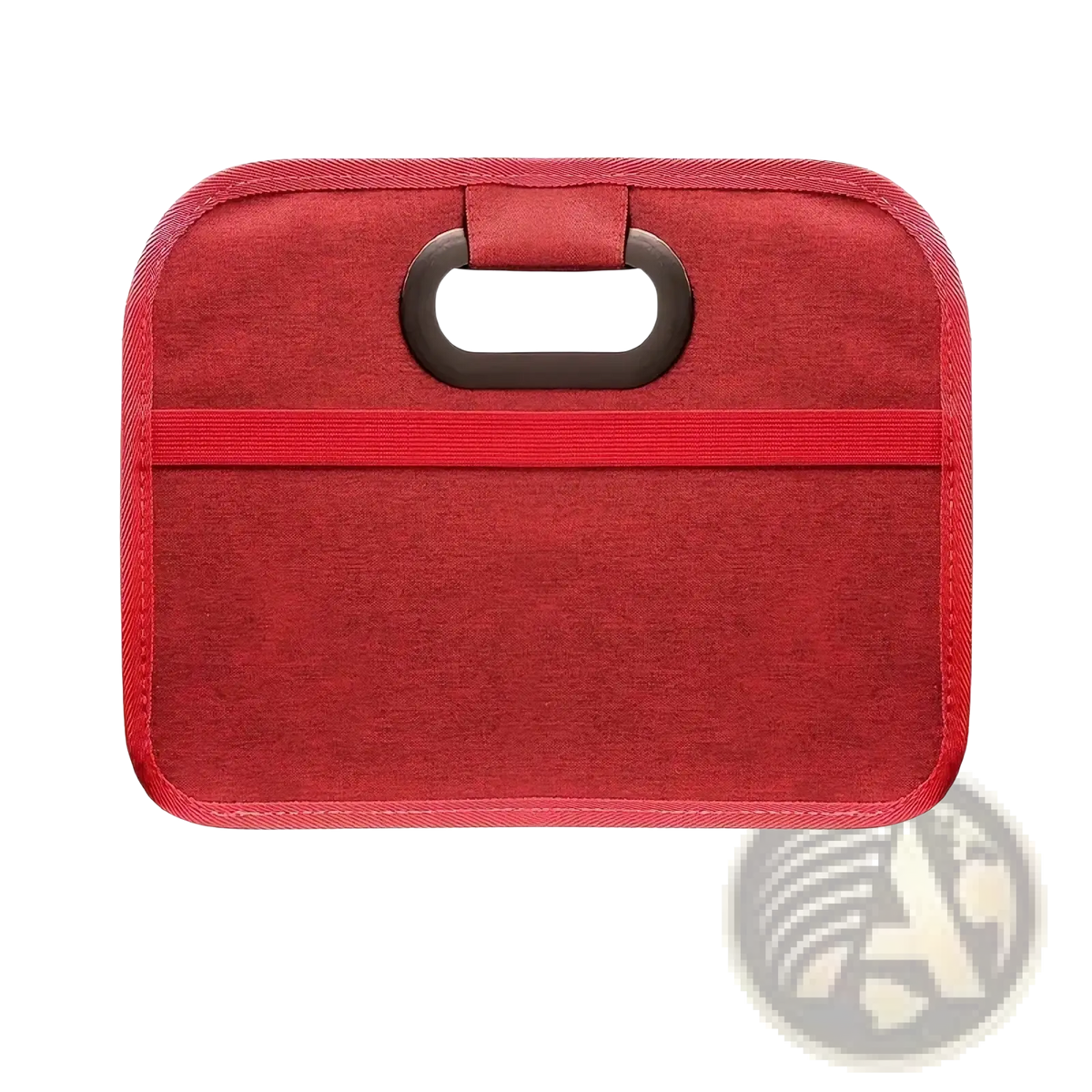 Red fabric car trunk organizer with black plastic handle and elastic strap for collapsible storage use