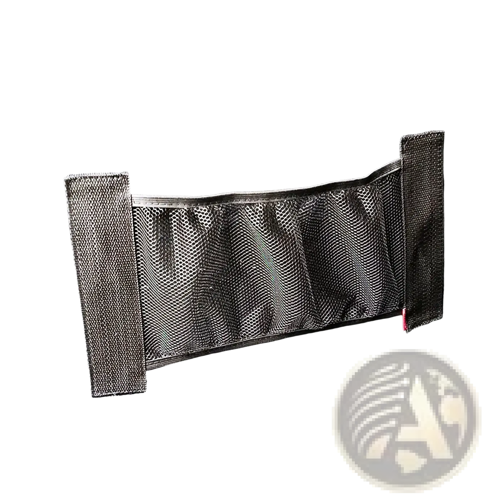 Black mesh car trunk organizer with reinforced side panels and elasticated edges for secure storage