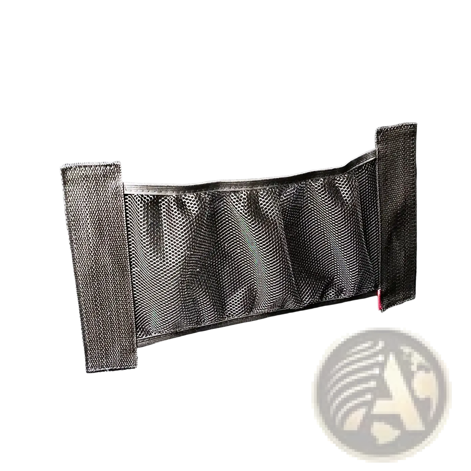 Black mesh car trunk organizer with reinforced side panels and elasticated edges for secure storage