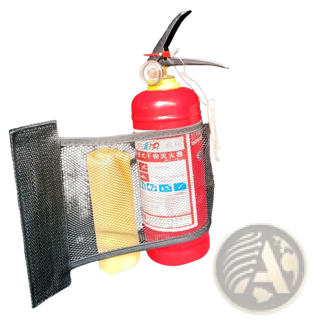 Red fire extinguisher with yellow top and black mesh strap secured in car trunk organizer elastic mesh storage net