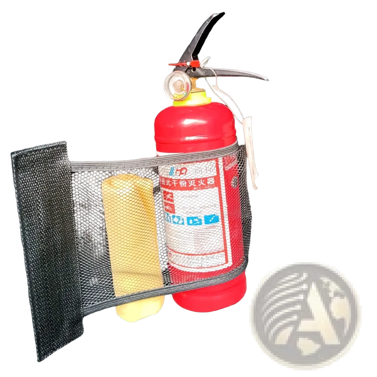 Red fire extinguisher with yellow top and black mesh strap secured in car trunk organizer elastic mesh storage net