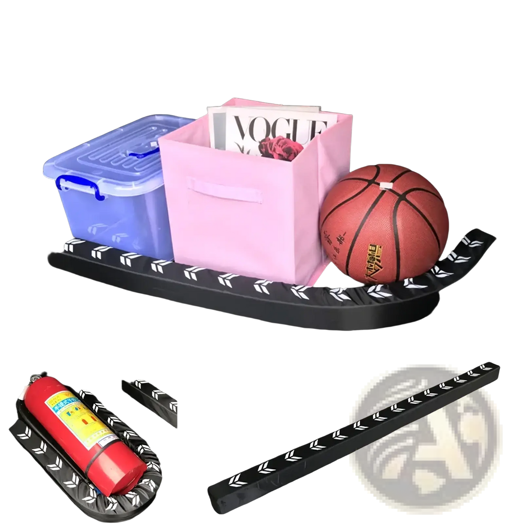 Black vinyl car trunk organizer with flexible anti-collision stick and white arrow pattern for secure storage