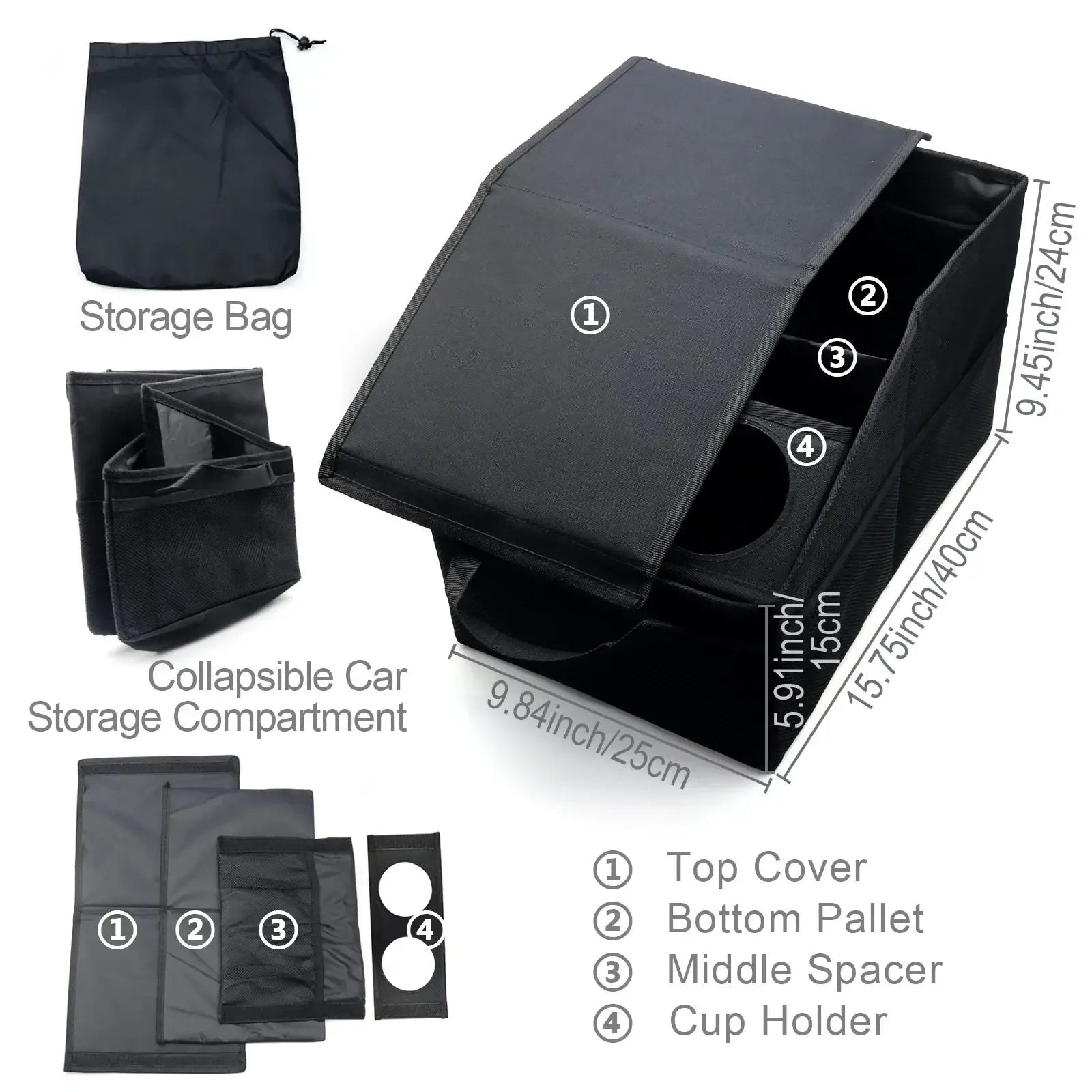 Black collapsible car trunk organizer with foldable design and multiple compartments including a cup holder