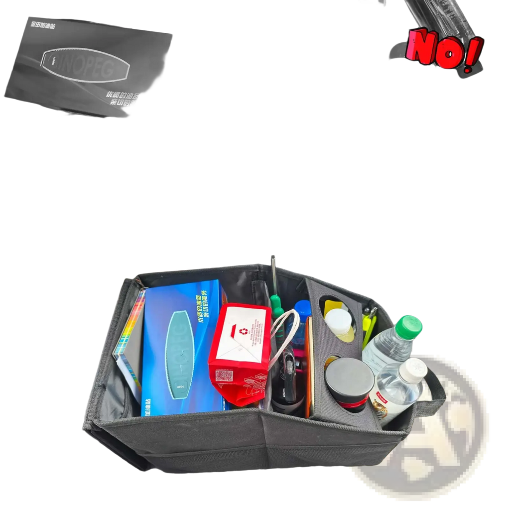 Black fabric car trunk organizer with multiple compartments and handles foldable storage bag for vehicle use