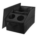 Black fabric car trunk organizer with two circular cup holders and foldable lid for efficient storage and organization