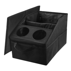 Black fabric car trunk organizer with two circular cup holders and foldable lid for efficient storage and organization