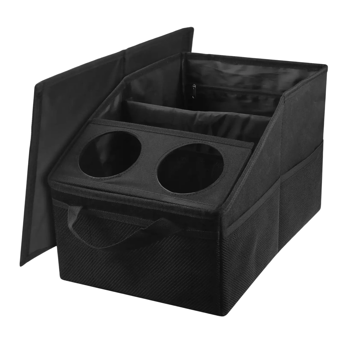 Black fabric car trunk organizer with two circular cup holders and foldable lid for efficient storage and organization