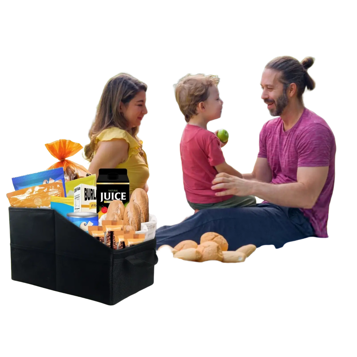 Black fabric car trunk organizer foldable storage bag shown as picnic basket filled with snacks and drinks