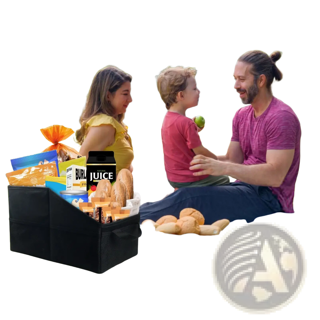 Black fabric car trunk organizer foldable storage bag shown as picnic basket filled with snacks and drinks