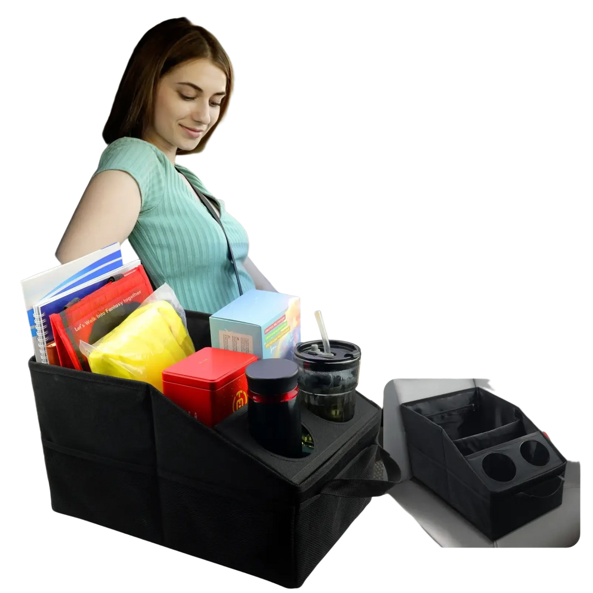 Black fabric car trunk organizer foldable storage bag with multiple compartments and cup holders for front seat use