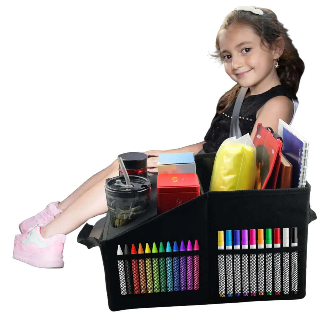 Black fabric car trunk organizer foldable storage bag with mesh pockets holding crayons and markers for kids view of back seat