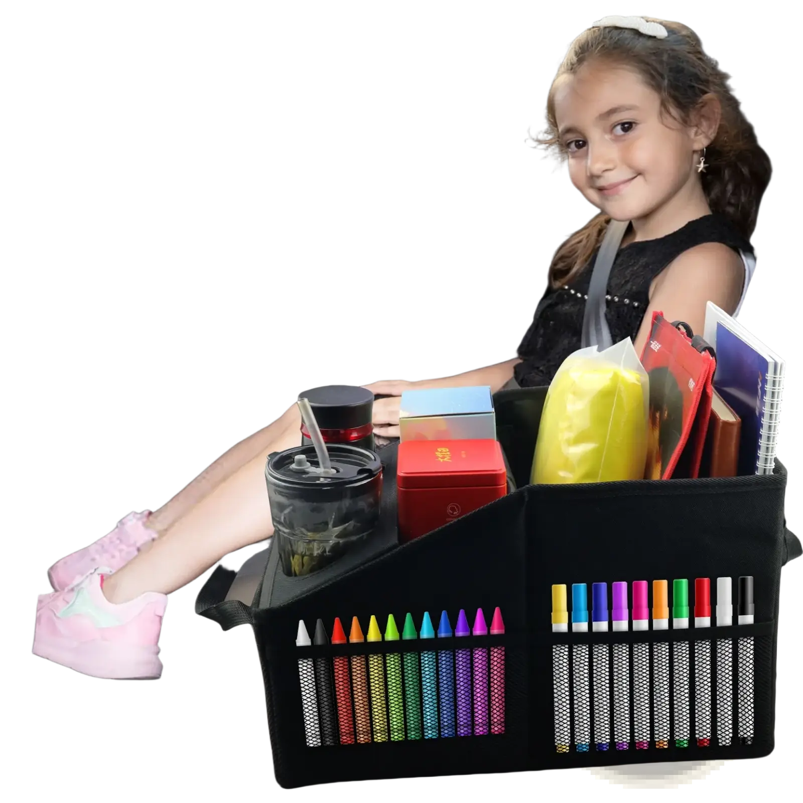 Black fabric car trunk organizer foldable storage bag with mesh pockets holding crayons and markers for kids view of back seat