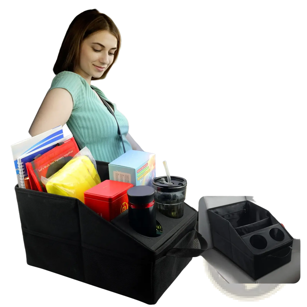 Black fabric car trunk organizer foldable storage bag with multiple compartments and cup holders for front seat use