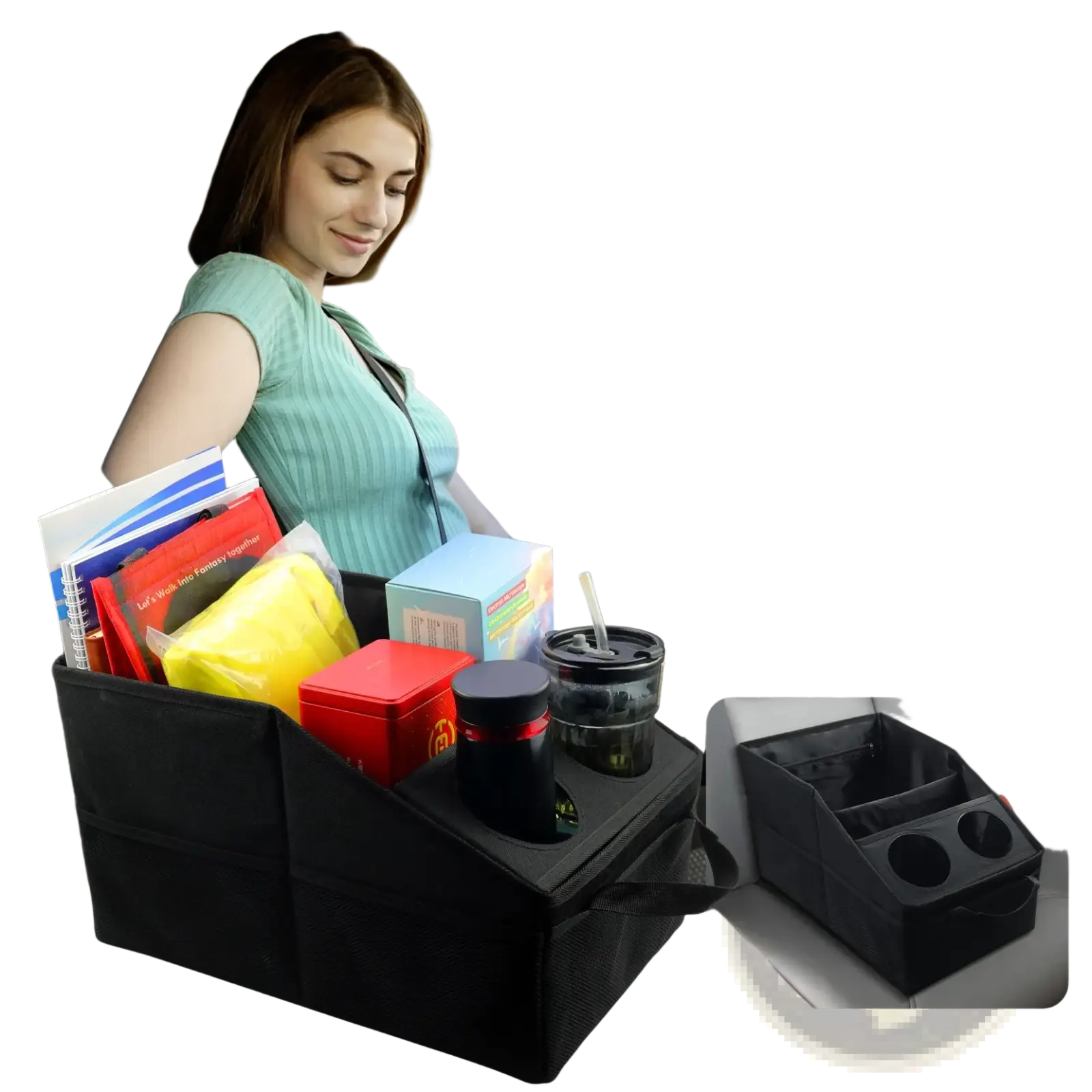 Black fabric car trunk organizer foldable storage bag with multiple compartments and cup holders for front seat use