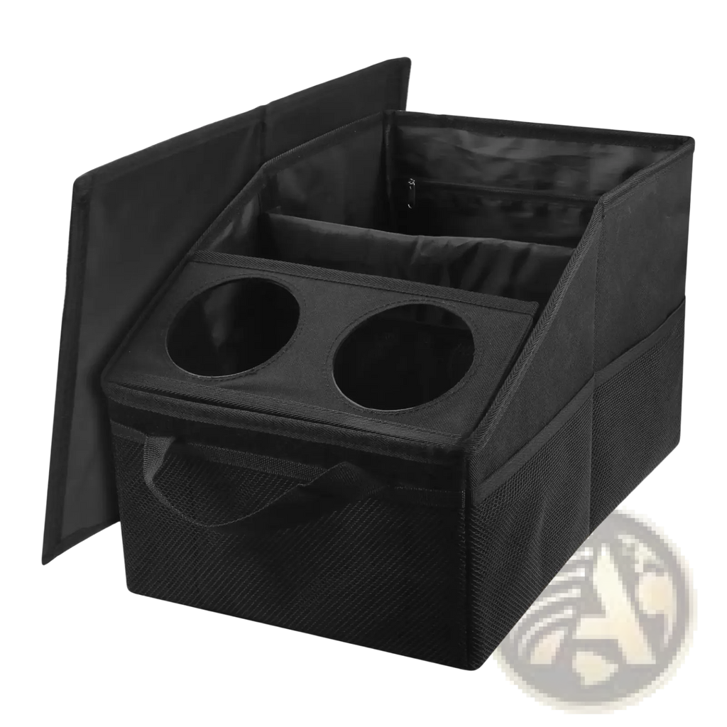 Black fabric car trunk organizer with two circular cup holders and foldable lid for efficient storage and organization