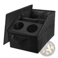 Black fabric car trunk organizer with two circular cup holders and foldable lid for efficient storage and organization
