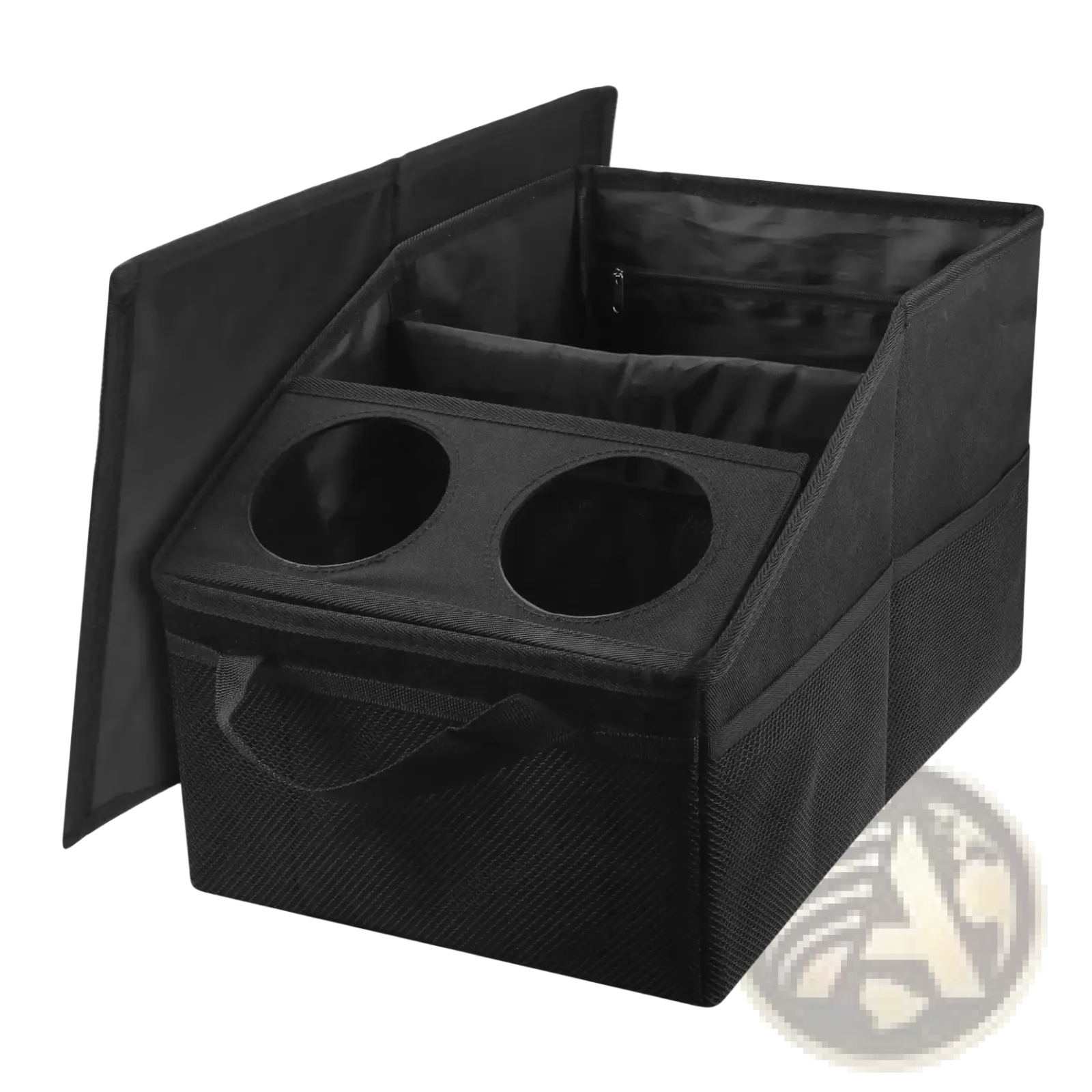 Black fabric car trunk organizer with two circular cup holders and foldable lid for efficient storage and organization