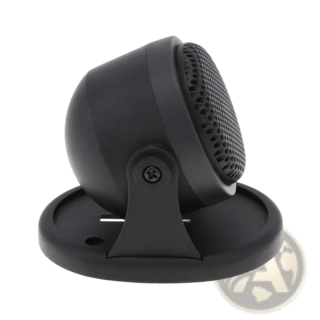 Black matte-finished dome-shaped car tweeter speaker with perforated grille and mounting bracket for high frequency audio