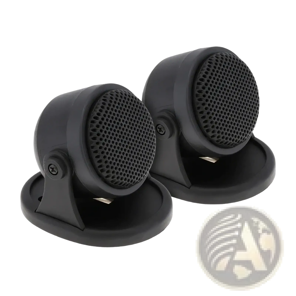 Black plastic car tweeter speakers with perforated grilles and mounting bases for high frequency hifi audio 20w use