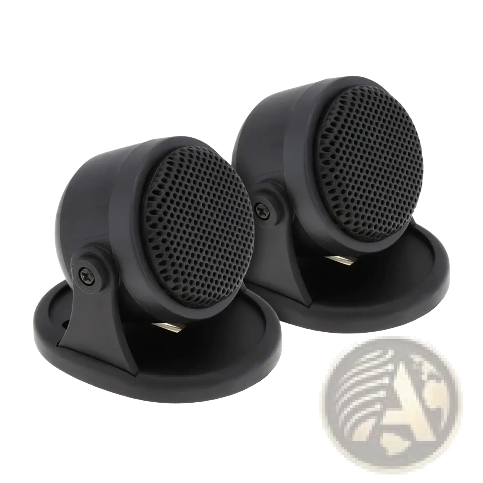 Black plastic car tweeter speakers with perforated grilles and mounting bases for high frequency hifi audio 20w use