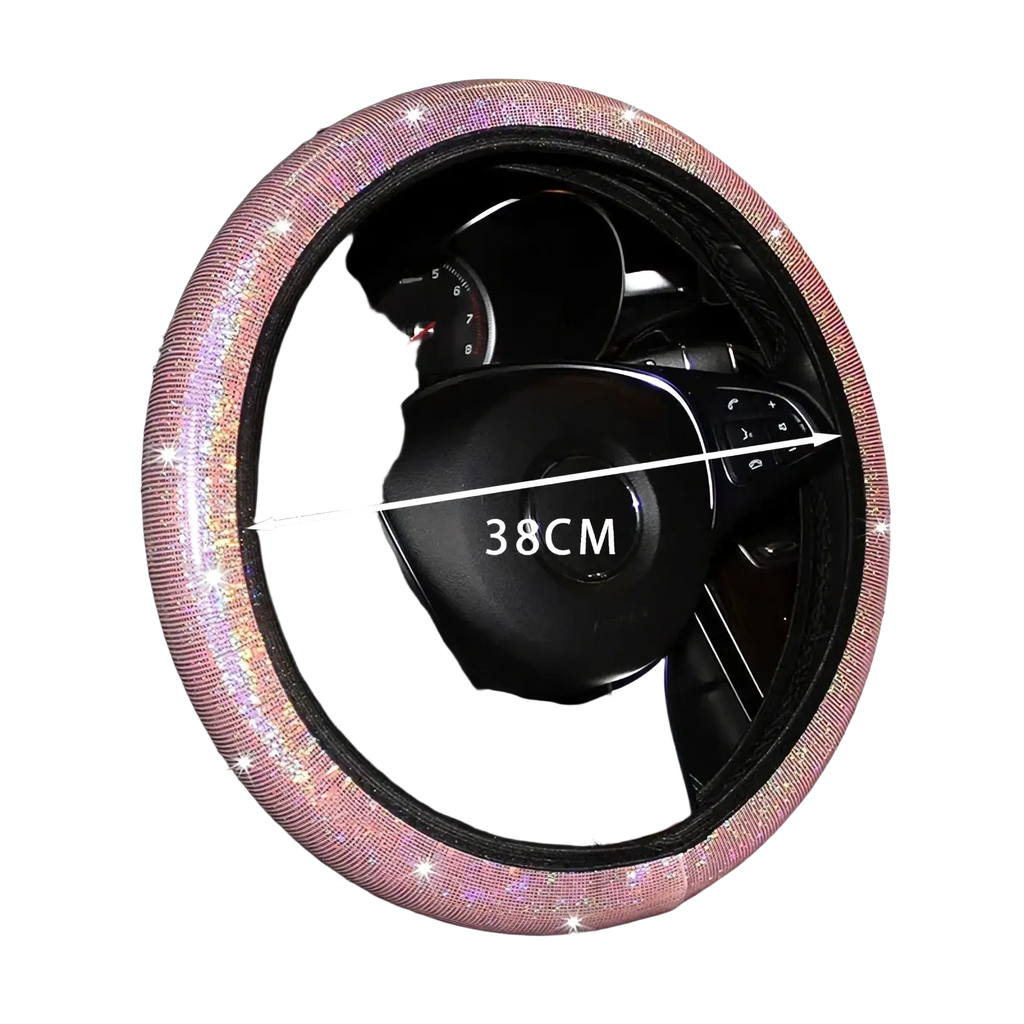 Pink rhinestone-studded steering wheel cover featuring bling rhinestones for stylish car interior decoration