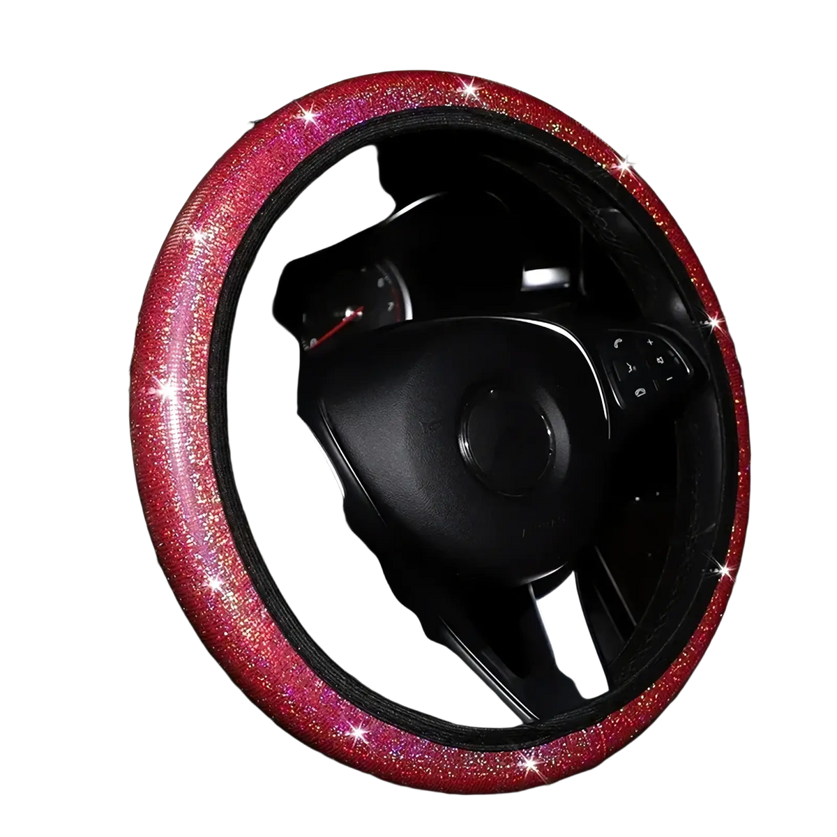 Bling rhinestone steering wheel cover in sparkling red glitter with black inner lining for vehicle interiors