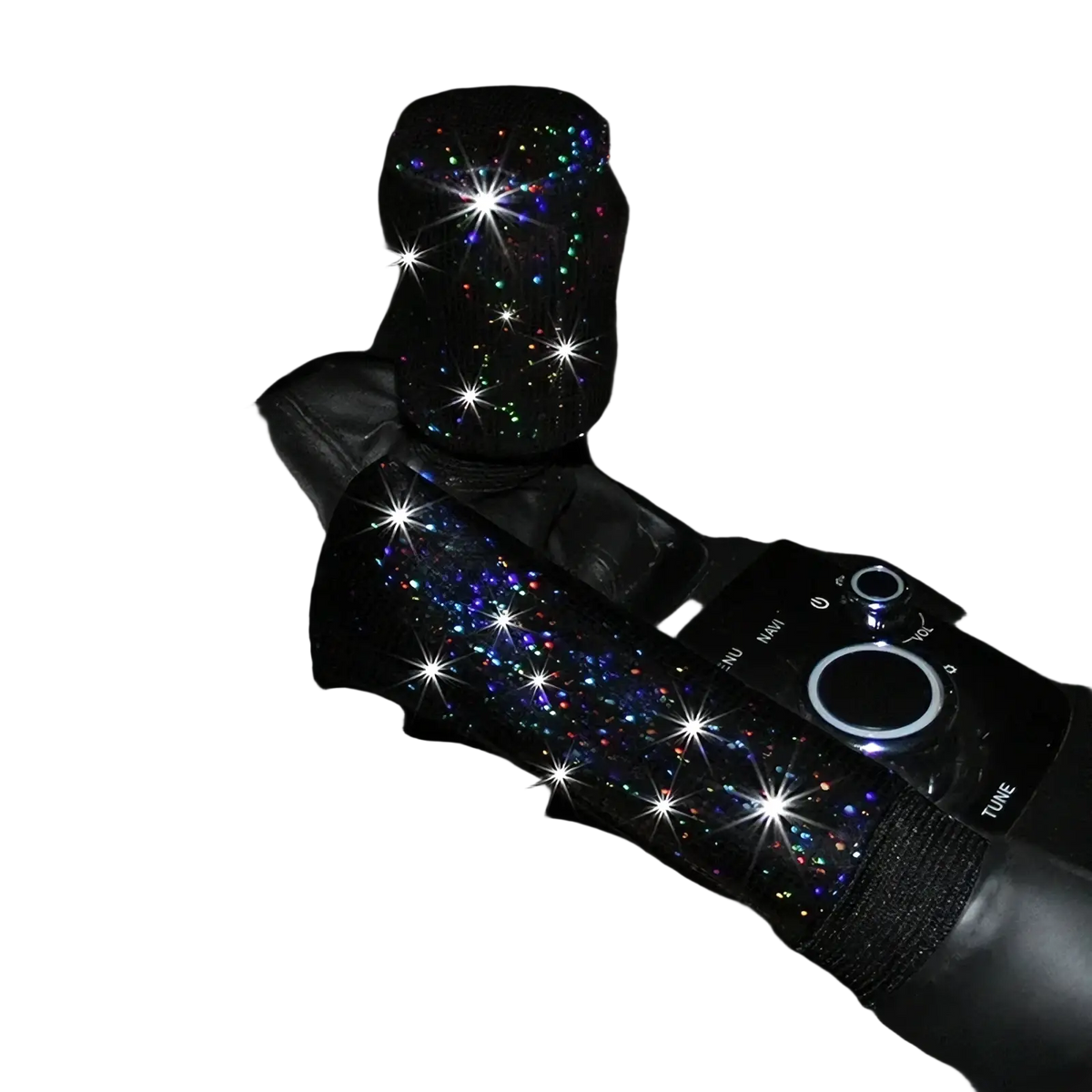 Black car gear shift and armrest cover with sparkling multicolored glitter for bling rhinestone steering wheel cover