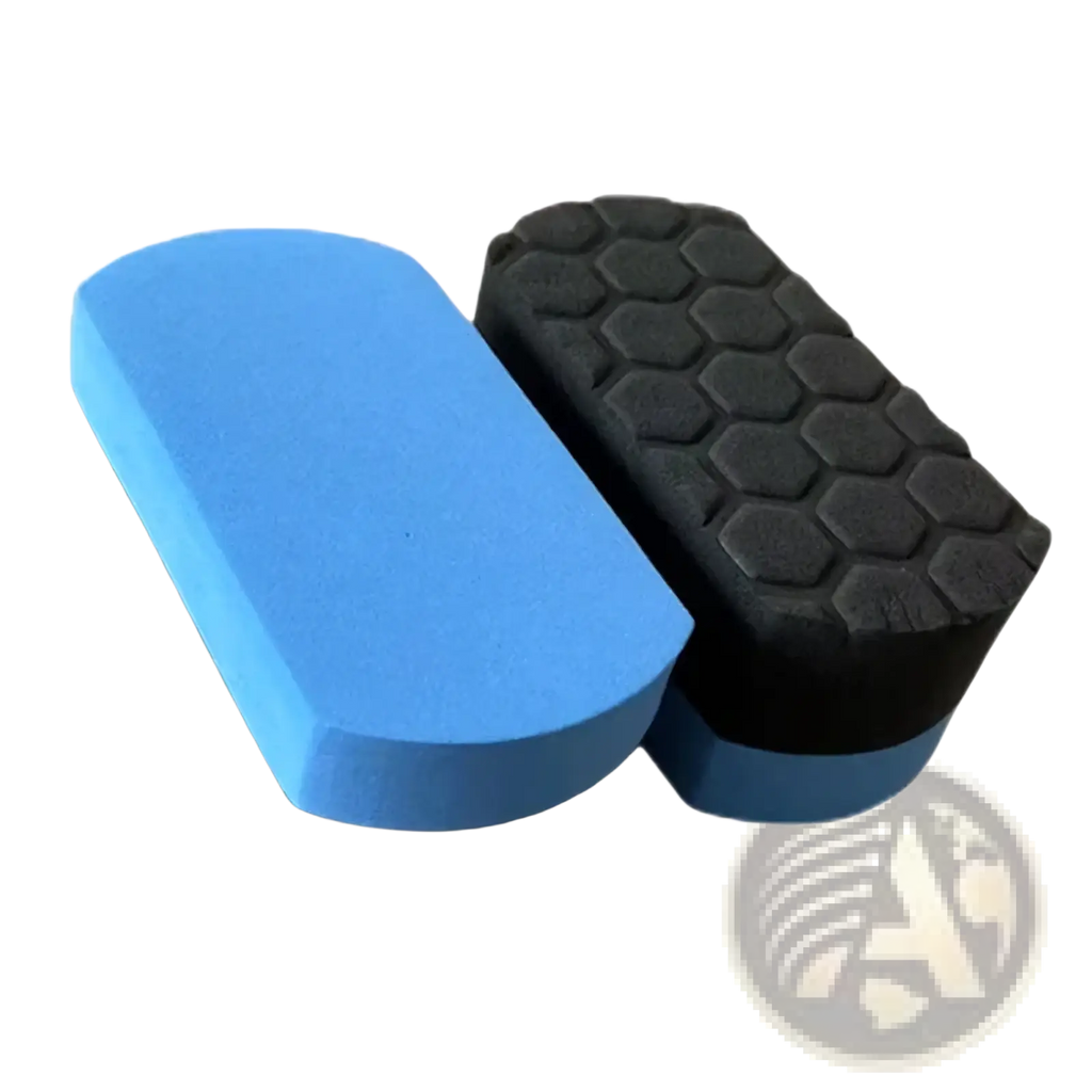 Blue and black dual-sided car wash sponge with textured hexagonal pattern for effective car detailing and cleaning