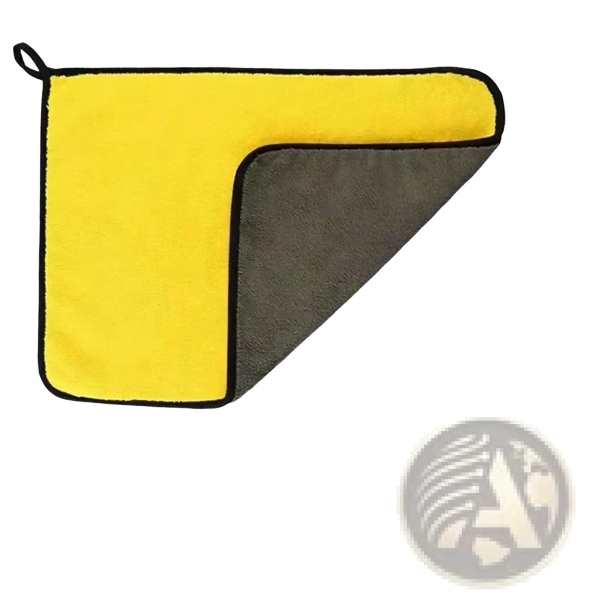 A vibrant yellow and dark gray dual-sided microfiber car detailing cloth with black stitched border in car washing kit