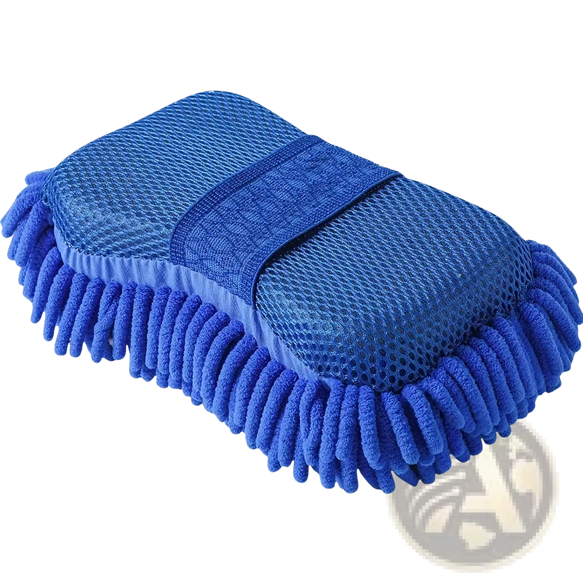 Blue microfiber car wash mitt with textured mesh backing and soft plush fringe in car washing kit and detailing brush set