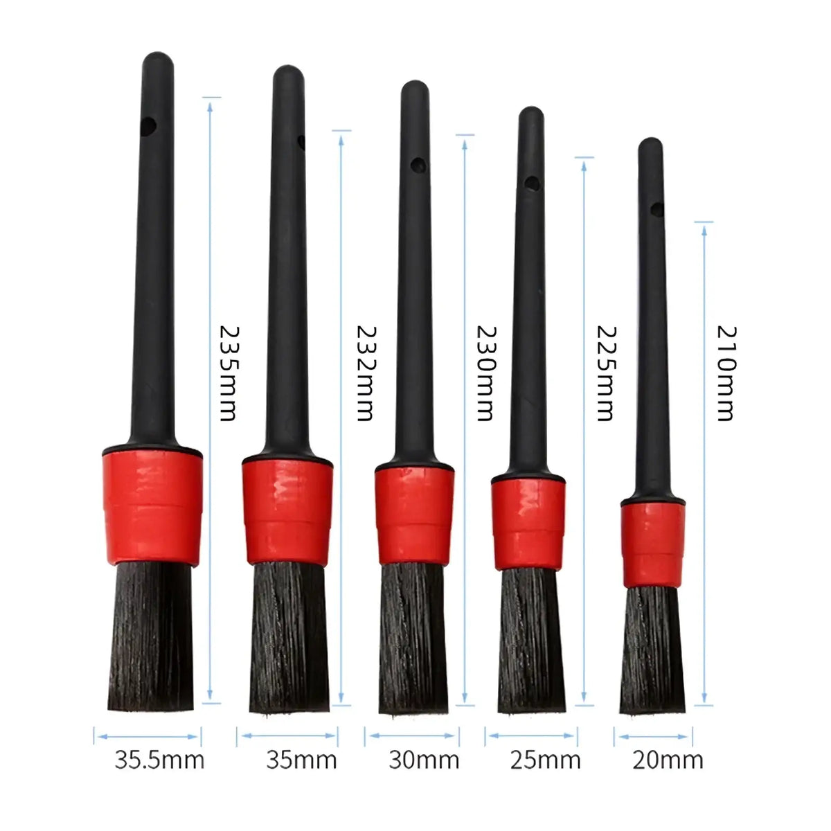 Set of five black and red car detailing brushes with varying lengths for effective car washing and detailing