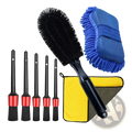 Black and red car washing kit with soft bristle detailing brushes for precise interior and exterior cleaning