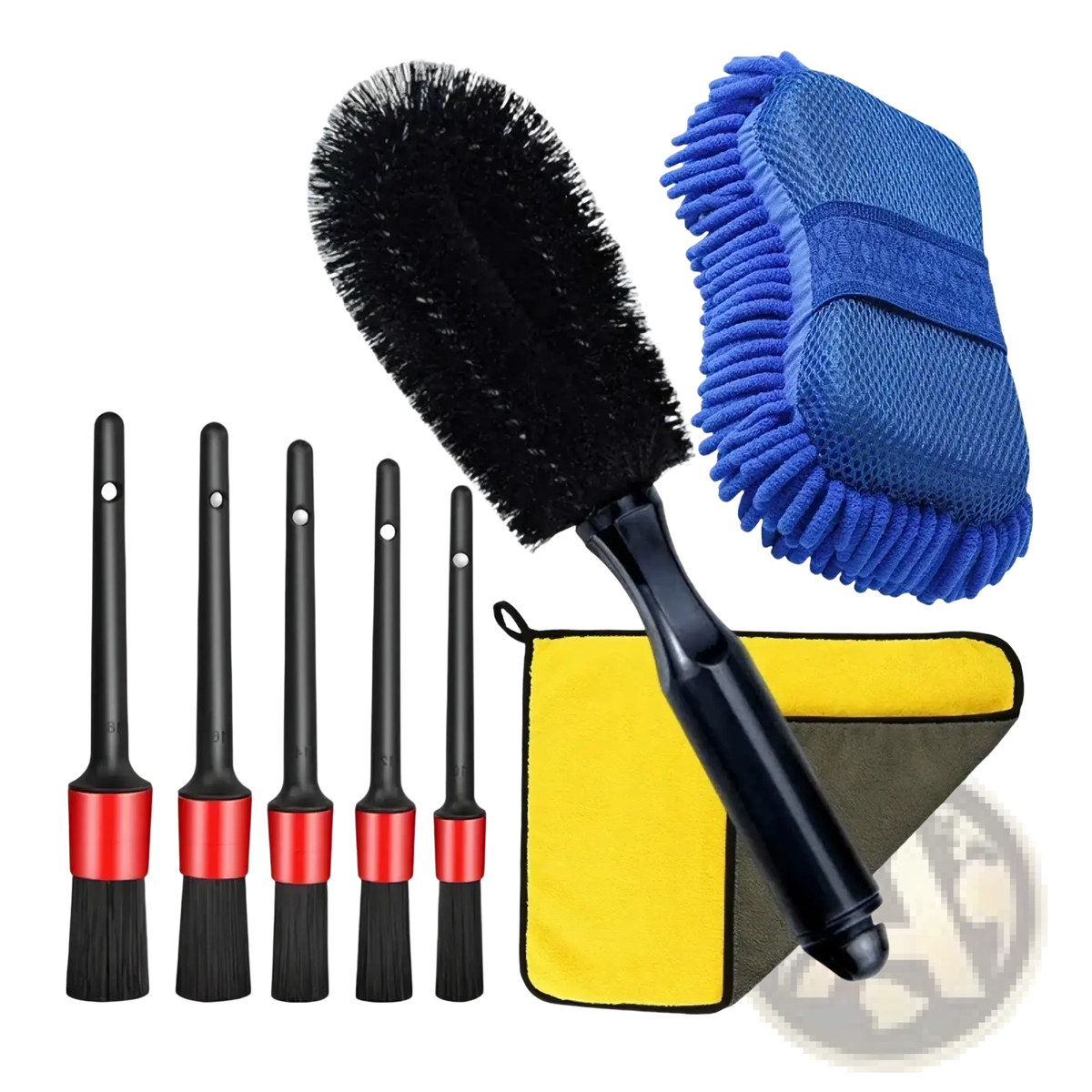 Black and red car washing kit with soft bristle detailing brushes for precise interior and exterior cleaning