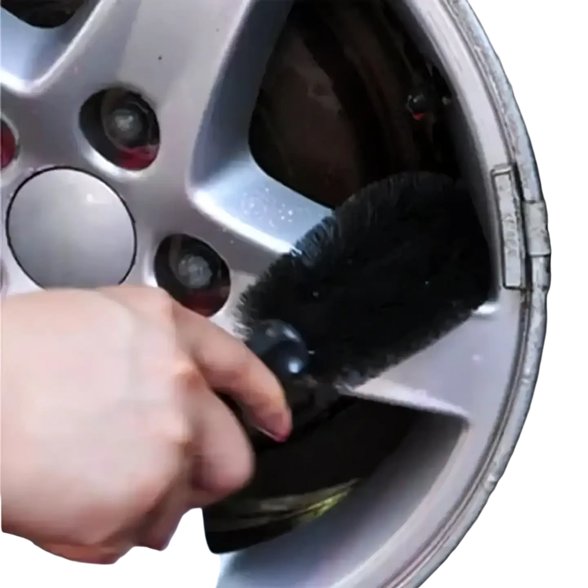 Black bristle wheel brush with black handle cleaning silver alloy car wheel spokes in car washing kit and detailing brush set