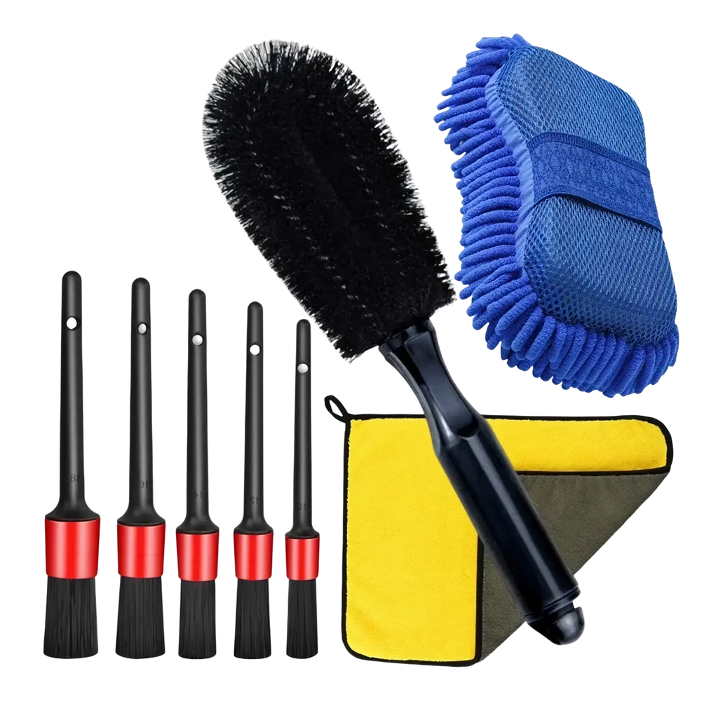 Black and red car washing kit with soft bristle detailing brushes for precise interior and exterior cleaning