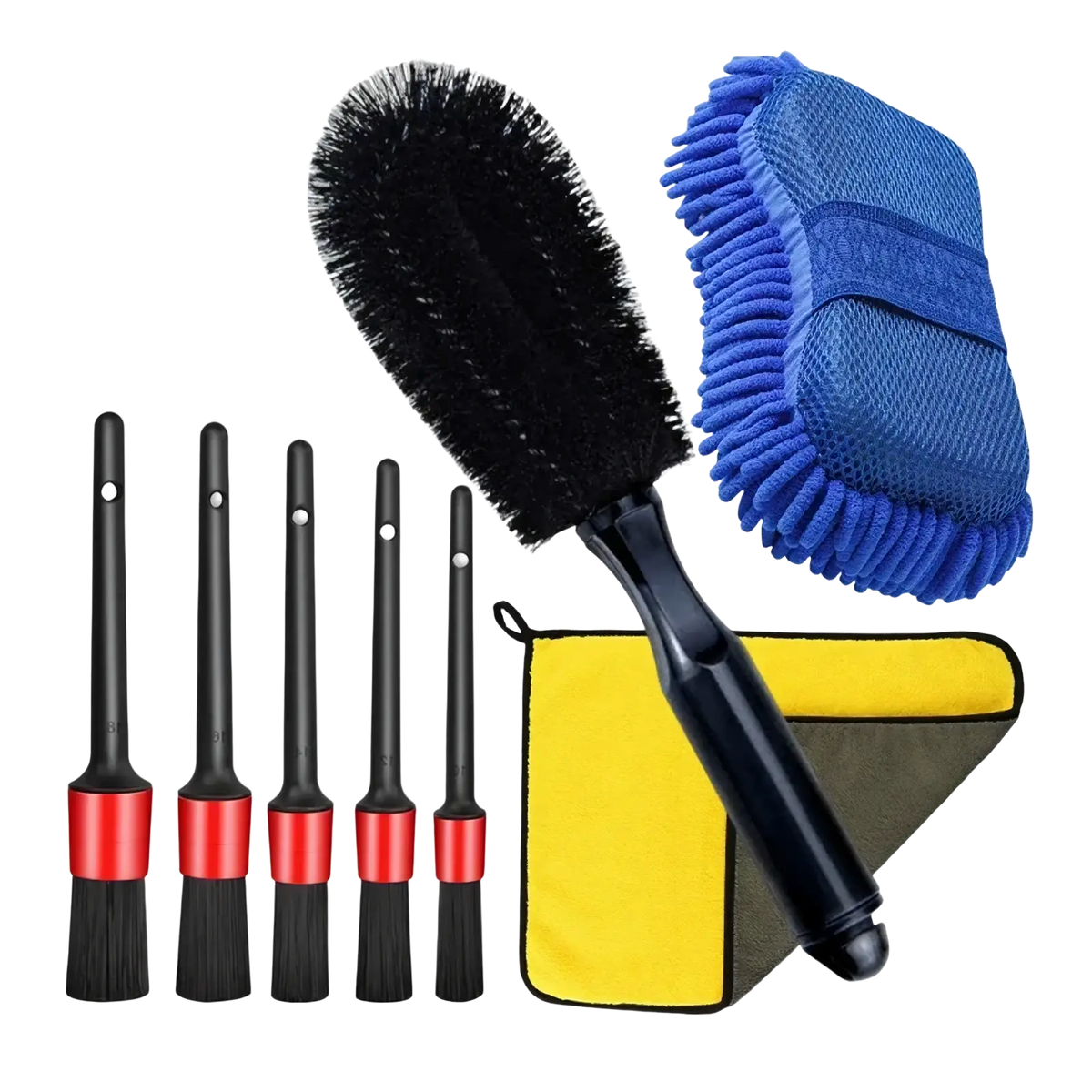 Black and red car washing kit with soft bristle detailing brushes for precise interior and exterior cleaning