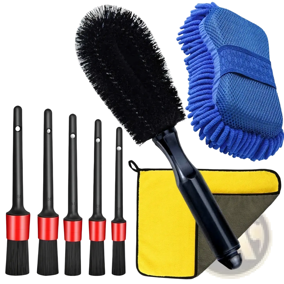 Car washing kit and detailing brush set with black and red brushes, blue microfiber mitt, and yellow microfiber cloth