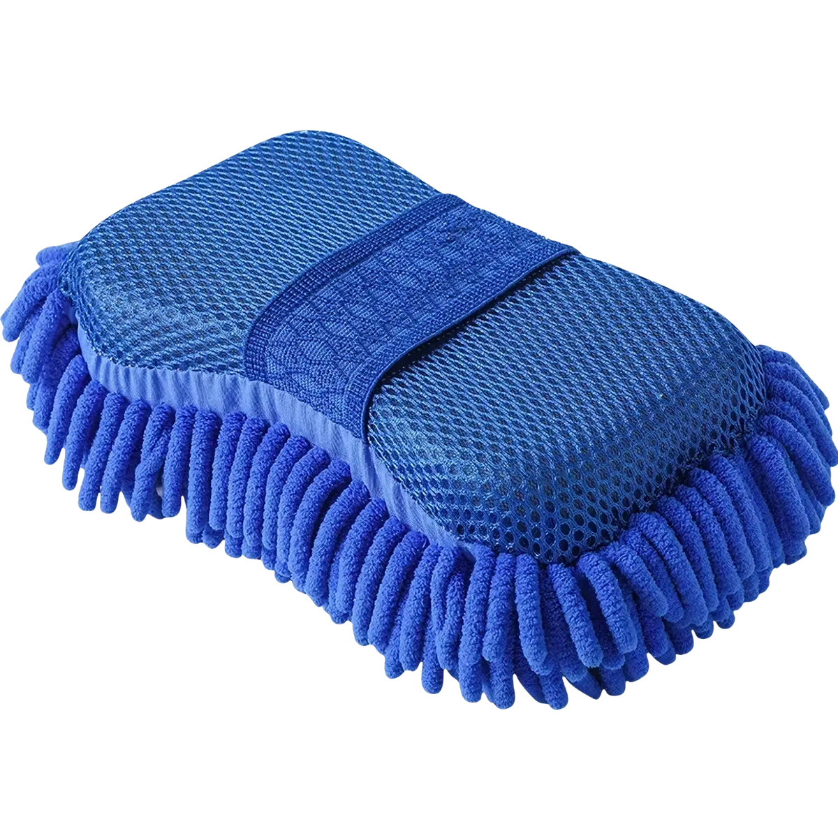 Blue microfiber car wash mitt with textured mesh backing and soft plush fringe in car washing kit and detailing brush set