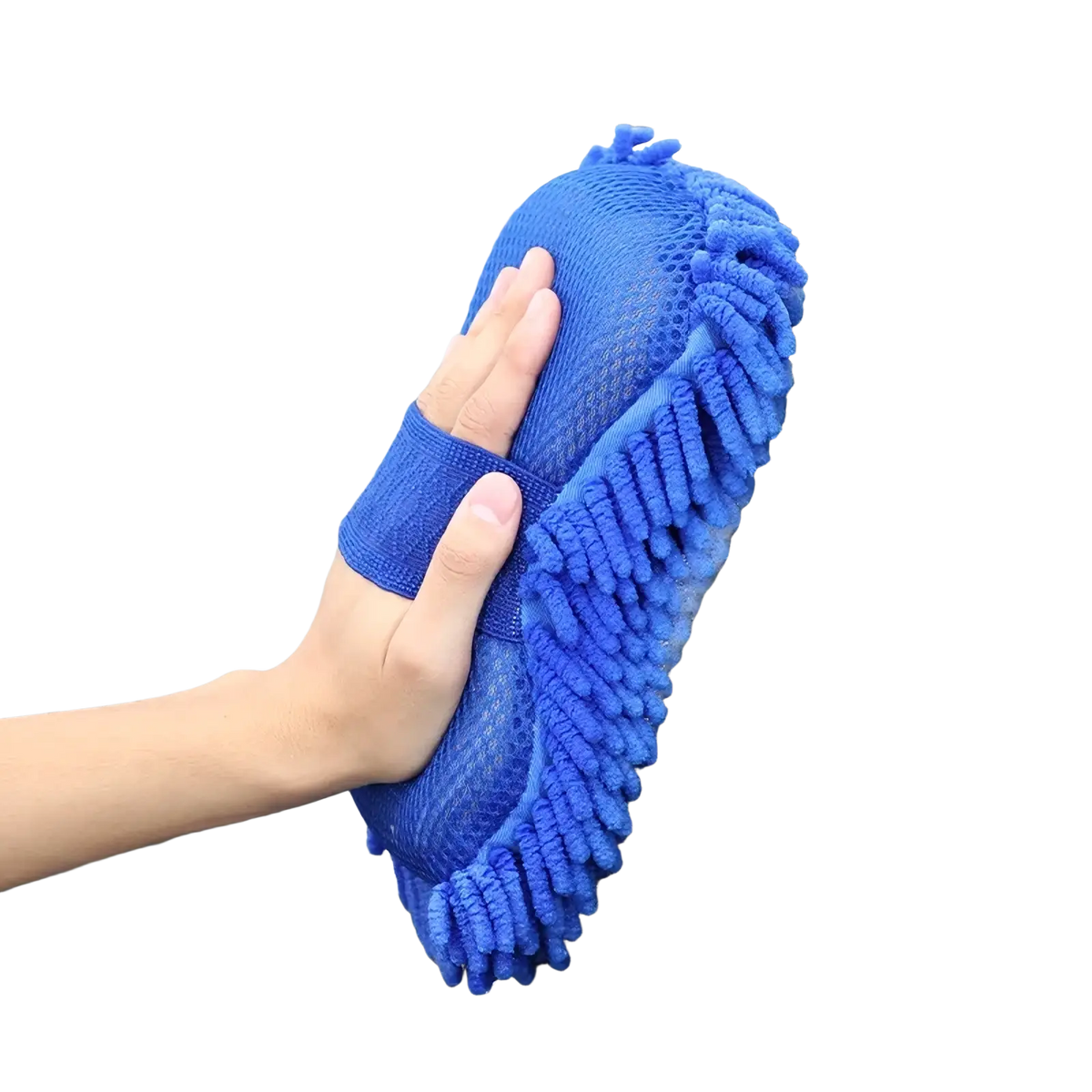 Blue microfiber car wash mitt with plush textured surface and elastic wristband in car washing kit and detailing brush set