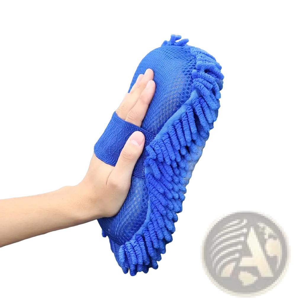Blue microfiber car wash mitt with plush textured surface and elastic wristband in car washing kit and detailing brush set