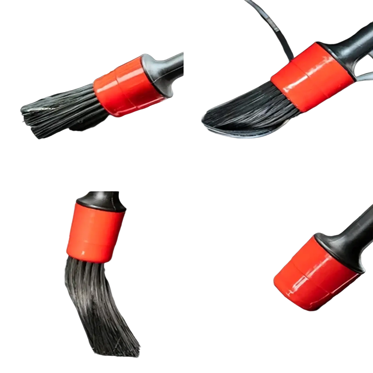 Red and black car interior cleaning brush with soft bristles from the car washing kit and detailing brush set