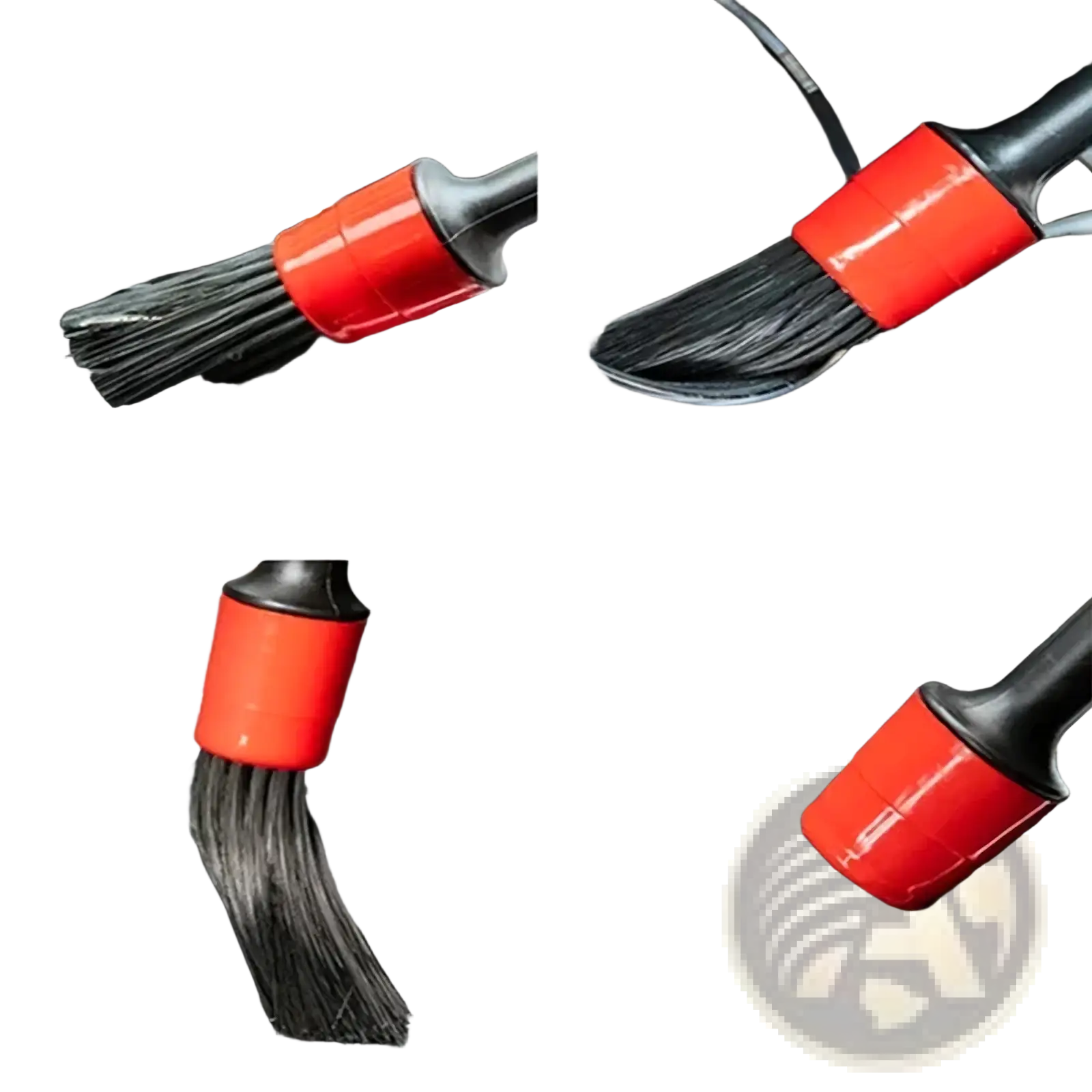 Red and black car interior cleaning brush with soft bristles from the car washing kit and detailing brush set