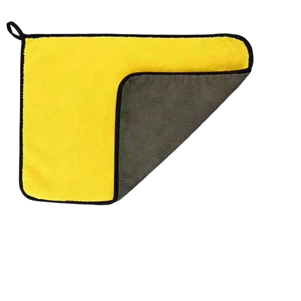 A vibrant yellow and dark gray dual-sided microfiber car detailing cloth with black stitched border in car washing kit