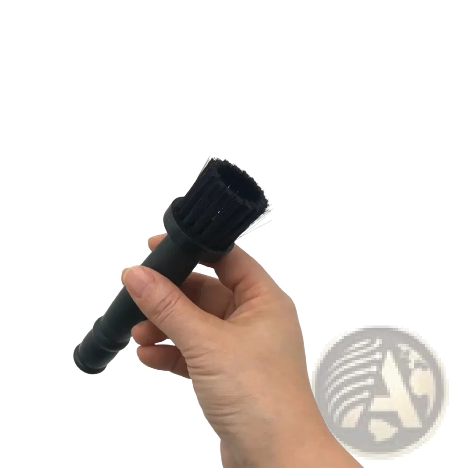 Black bristle brush with sturdy plastic handle for car wheel detailing and rim cleaning in a cleaning brush set