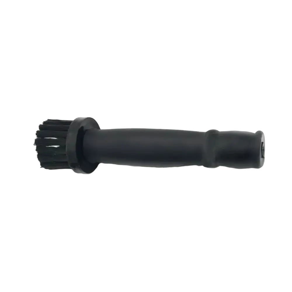 Black plastic car wheel detailing brush with dense bristles and textured grip handle for rim cleaning