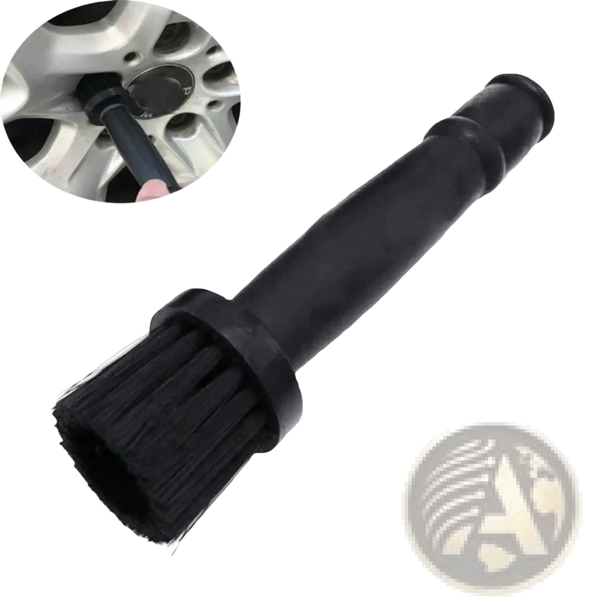 Black plastic car wheel detailing brush with dense bristles designed for effective rim cleaning and maintenance