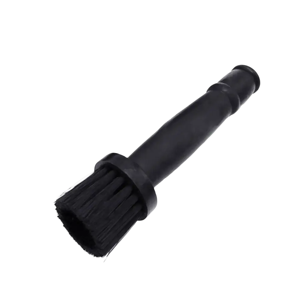 Black plastic car wheel detailing brush with dense stiff bristles for rim cleaning and maintenance