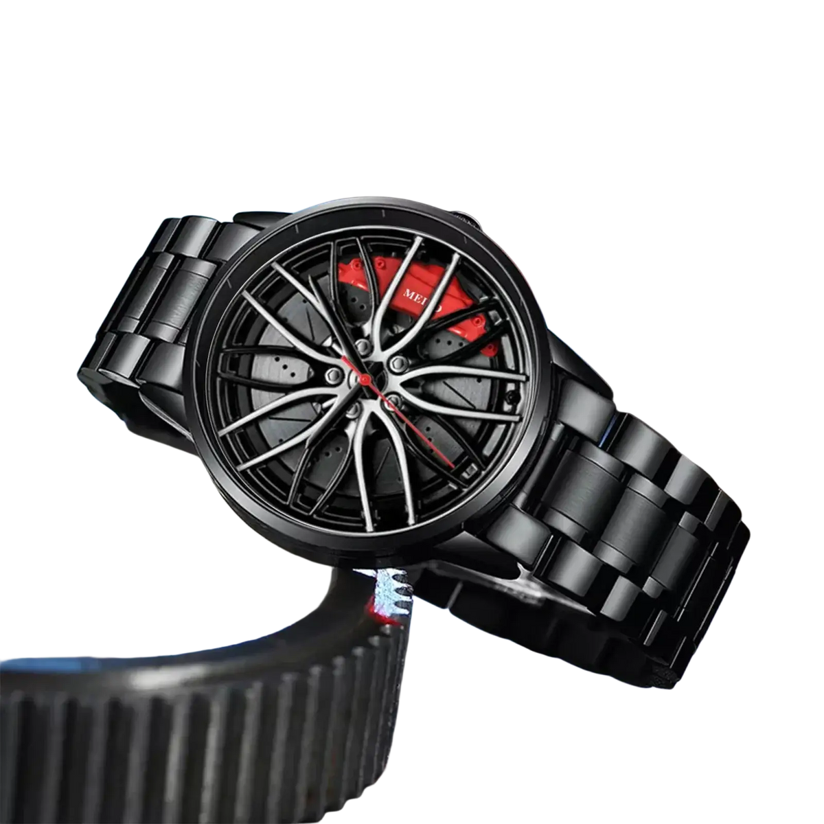 Black metal car wheel rim quartz watch for men with sporty dial featuring red brake calipers and silver spokes