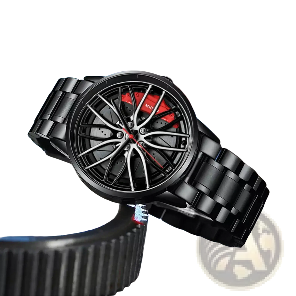 Black metal car wheel rim quartz watch for men with sporty dial featuring red brake calipers and silver spokes
