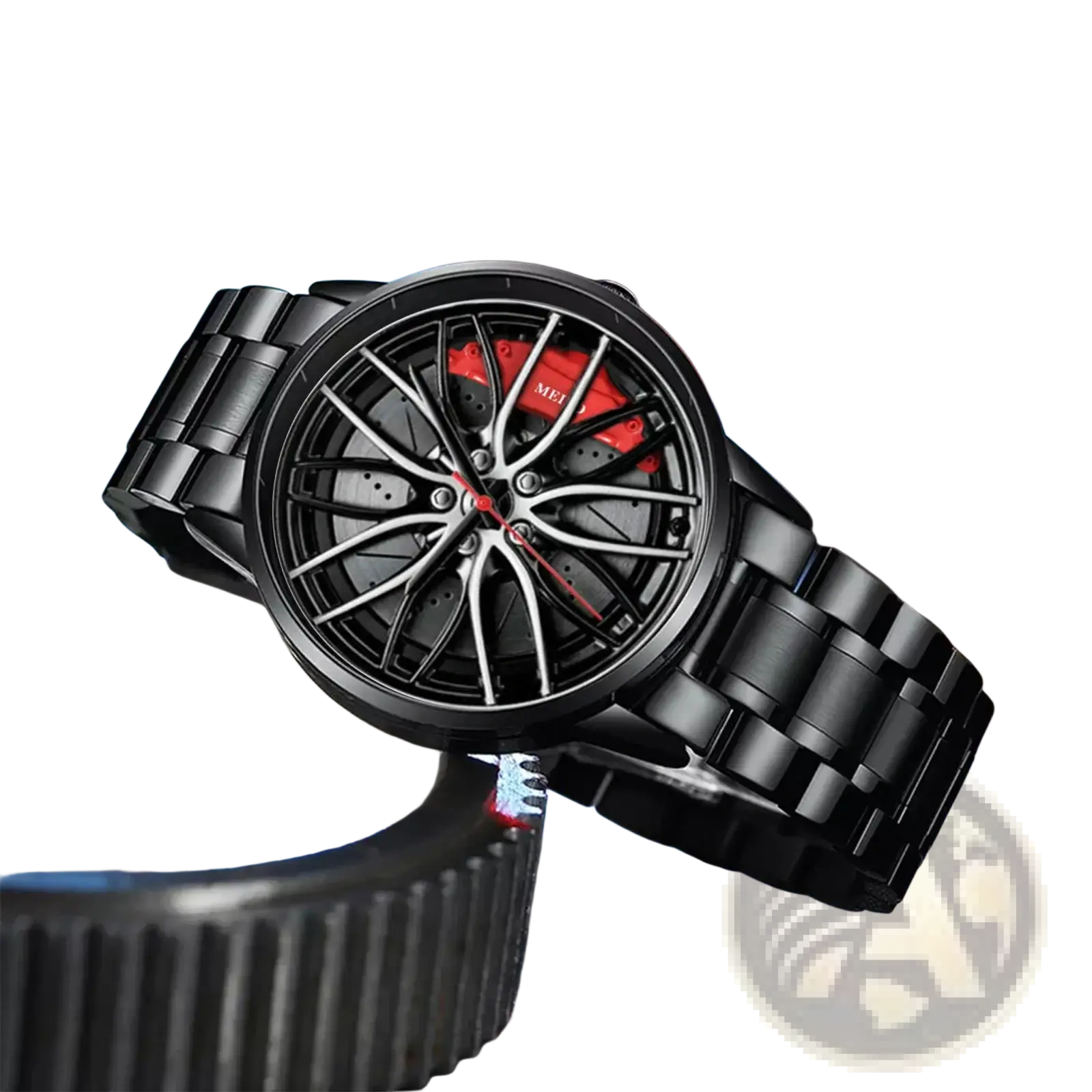 Black metal car wheel rim quartz watch for men with sporty dial featuring red brake calipers and silver spokes